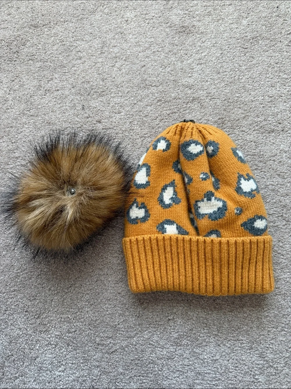 Anthropologie Mustard Leopard Knit Pom Beanie